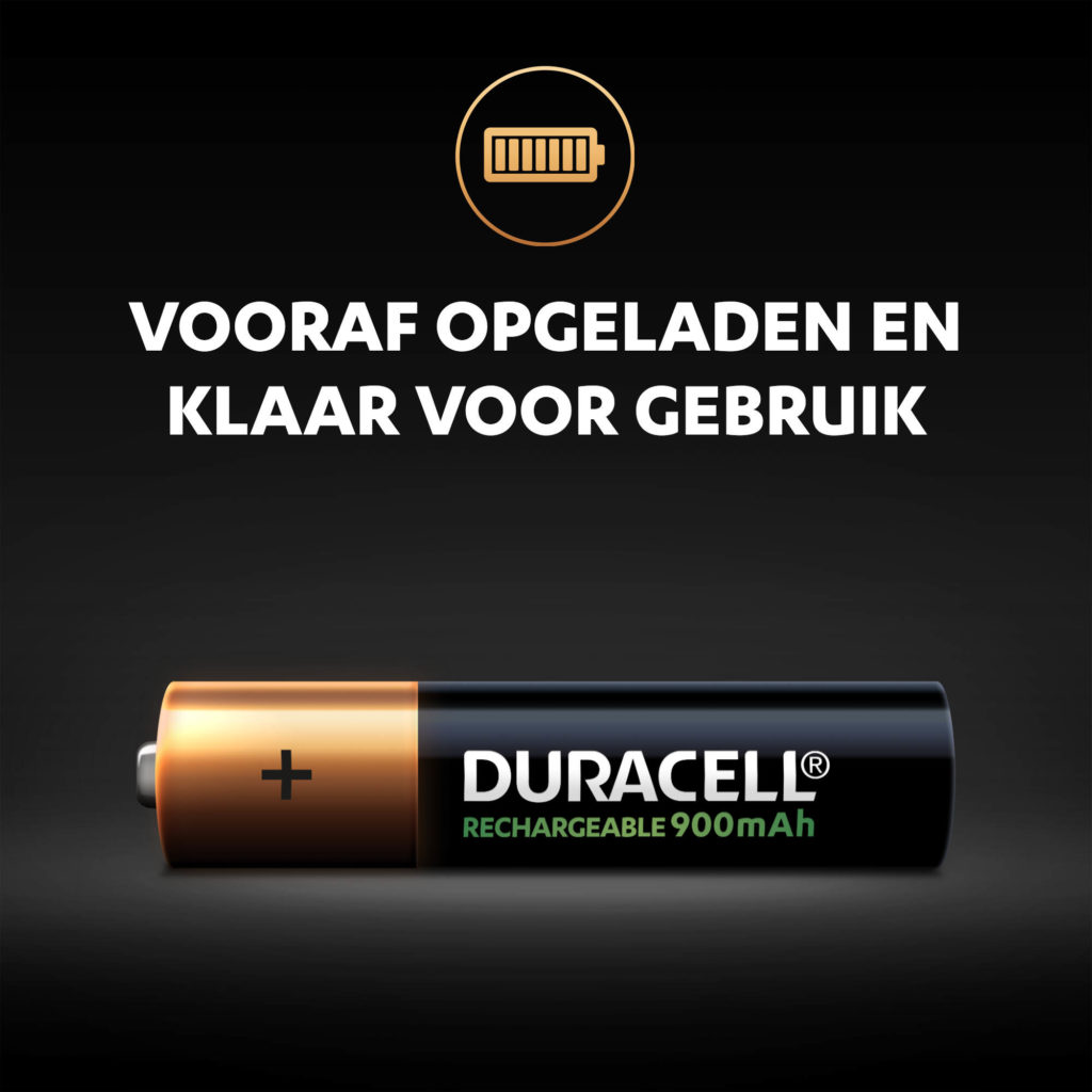 Duracell oplaadbare AAA-batterijen van 900 mAh zijn vooraf opgeladen en klaar voor gebruik
