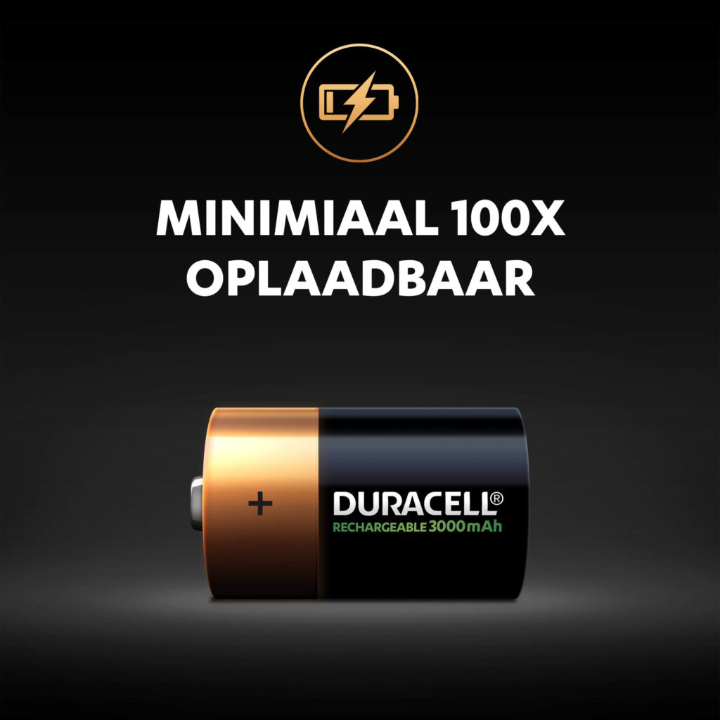 Tot 100 oplaadbeurten voor illustratie van Duracell oplaadbare D-formaat batterijen