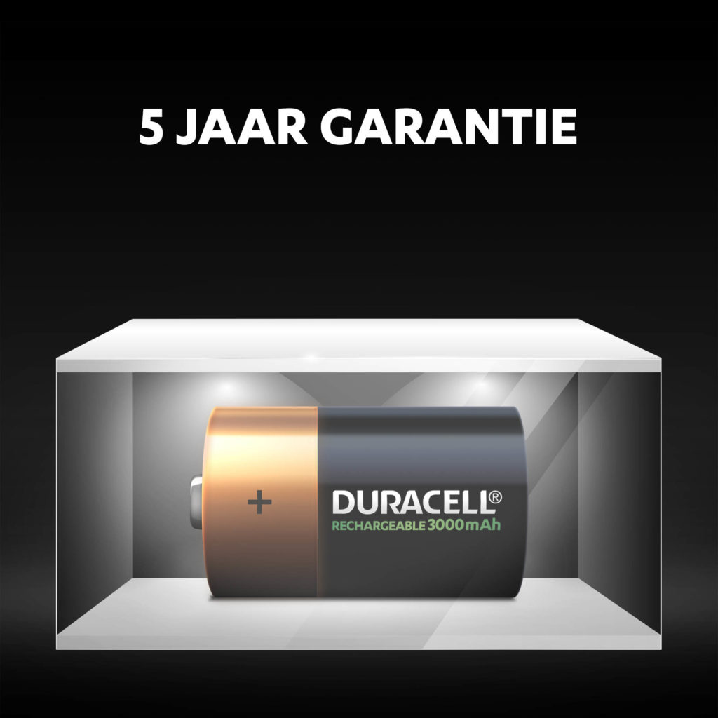 Ongebruikte Duracell oplaadbare D-formaat 3000 mAh-batterijen, fris en tot 5 jaar van stroom voorzien in omgevingsopslag