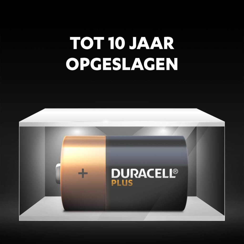 Ongebruikte Duracell Alkaline Plus D-formaat batterijen, tot wel 10 jaar lang fris en van stroom voorzien in omgevingsopslag
